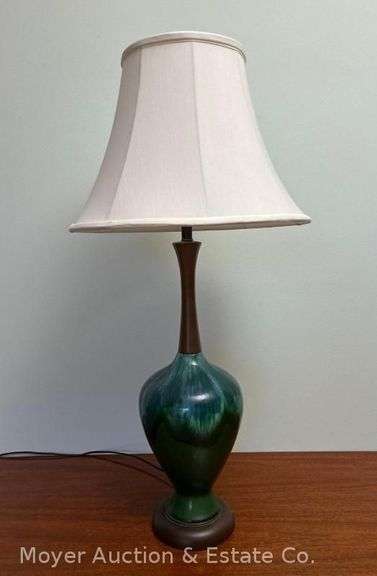 Mid-Century Pottery Table Lamp, Green Glaze, Good Condition, 33"h image