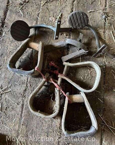 2Prs. of Wooden Stirrups, Pair of Iron Buggy Steps, & Spring Trap image