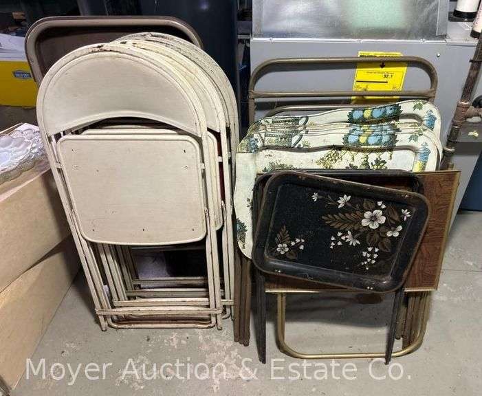 Group of Metal TV Trays and Folding Chairs image
