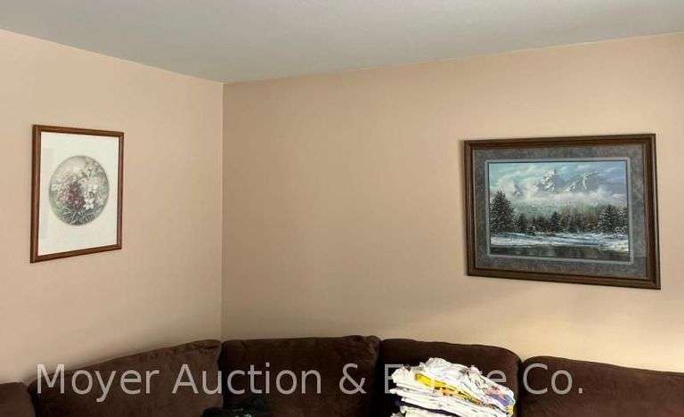 Landscape Print of Mountains with Floral Still Life, Both Framed, 25"x31" and 21"x17" image