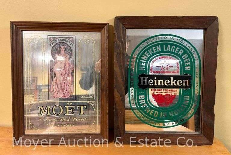 (2) Advertising Mirrors: Heineken and Moet, 19"x15" and 18"x14" image
