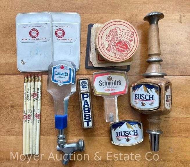 Group of Beer Taps, Simon Pure Coasters and Pencils, Etc. image