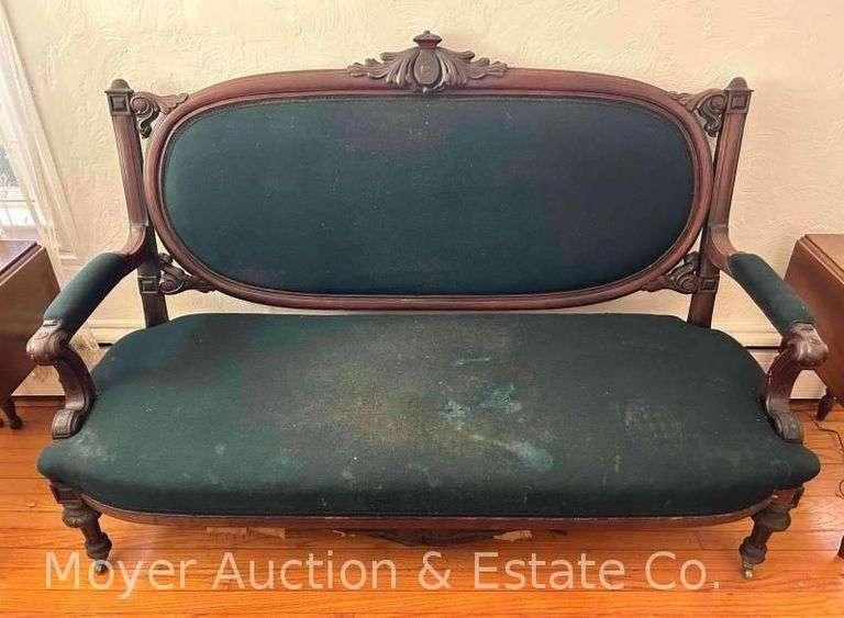Antique Settee, Wood Frame, See Pictures for Wear/Condition on Upholstery, 64"w image