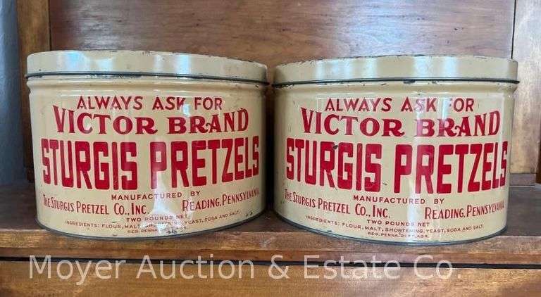 (2) Sturgis Pretzel Tins, Reading PA, 2lb. Size, with Asst. Tin Noisemakers, 10"w image