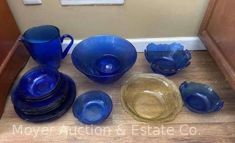 Group of Cobalt Glass Serving-ware, Dishes, and Pitcher with Other Glass Serving Bowl image