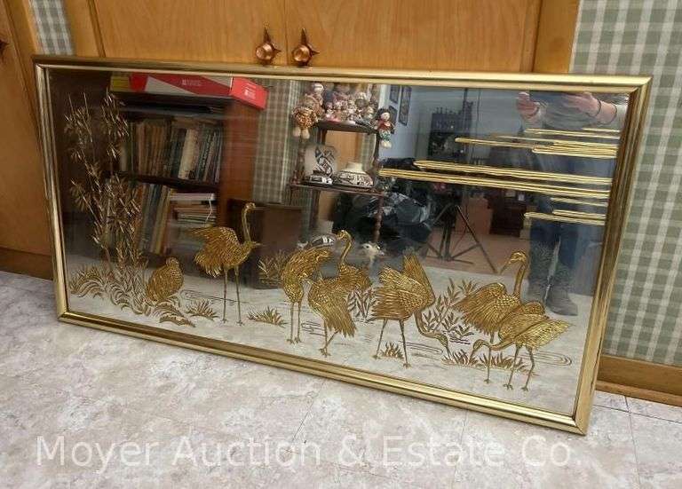 Hollywood Regency Etched Wall Mirror, Gold Tone Frame and Crane Detailing, 25"x50" image