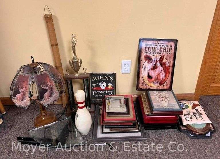 Group of Wall Art, Frames, Lamp, Bowling Pin, Trophy, Etc. image