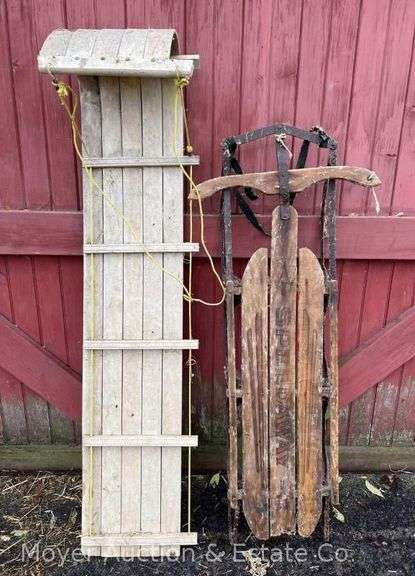 Speedway Runner Sled and Wooden Toboggan (needs repair), 52-60" Long image