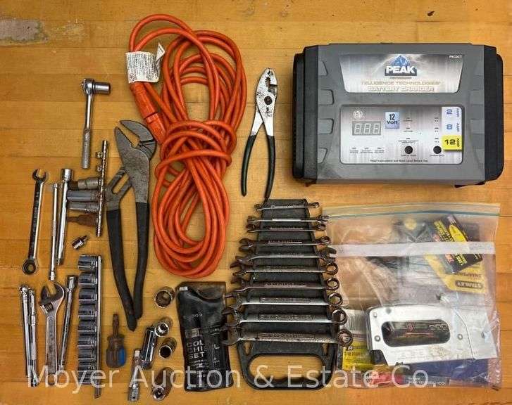 Group of Tools Incl. Craftsman Wrenches, Adjustable Pliers, Sockets, Ext. Cord and Battery Charger image