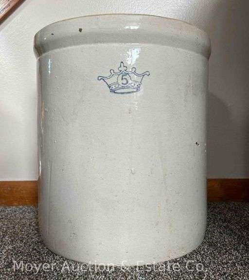 5 Gallon Stoneware Crock with Blue Crown Mark, with Cracked Lid, 14"h image