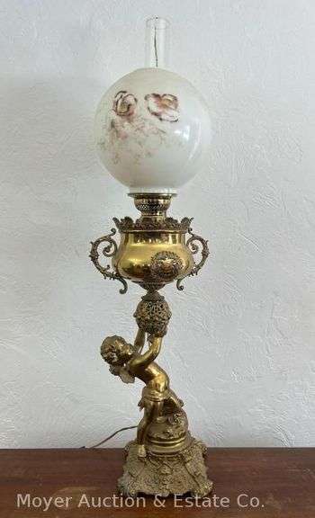 Large Cherub Base Electrified Oil Lamp with Ball Shade, 38"h image