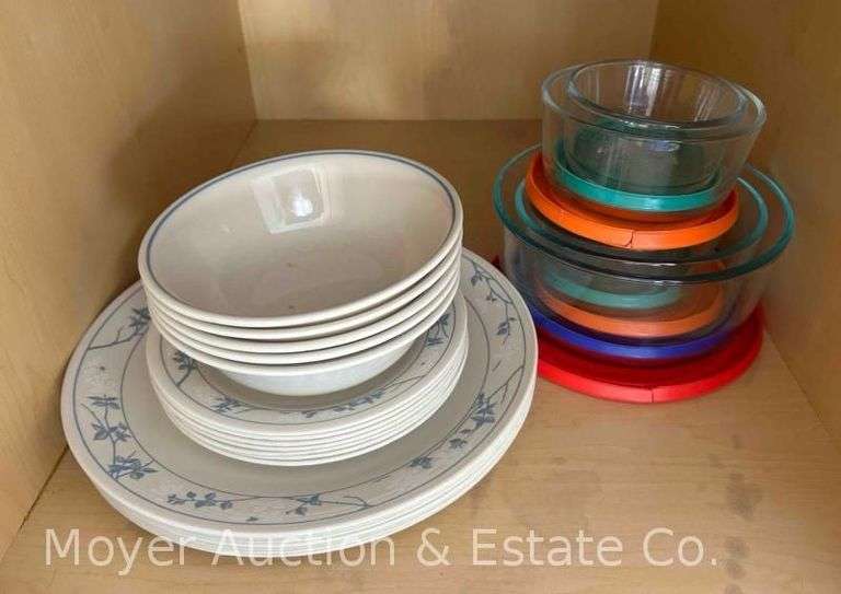 Group of Corelle Plates and Bowls and Pyrex Food Storage Containers image