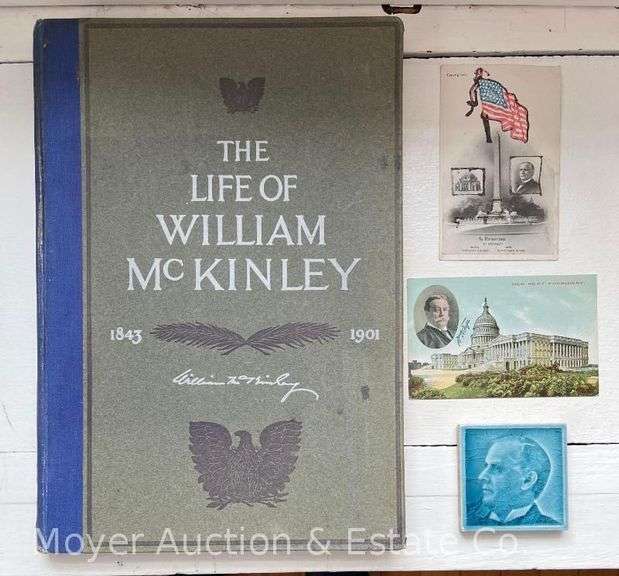 Group of William McKinley Items: Book, 3"x3" Tile, and 2 Postcards image