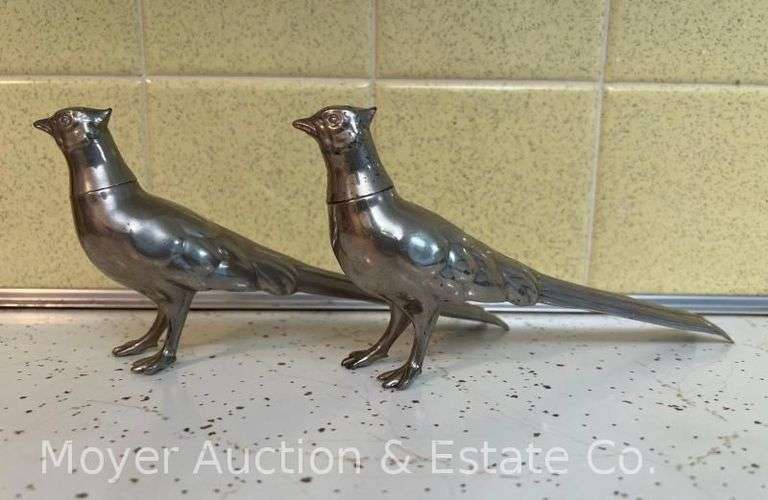Pair of Pheasant Salt and Pepper Shakers, Silver Tone Metal, 7"w image