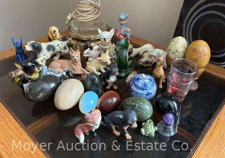 Group of Small Figurines Incl. Dogs, Marble Eggs, Cat Salt & Pepper, Etc., 1"-4"h image