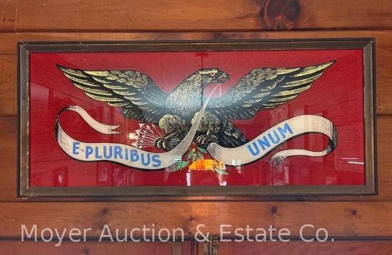 Reverse Painted Eagle E. Pluribus Unum Sign, Framed, 15.5"x36" image