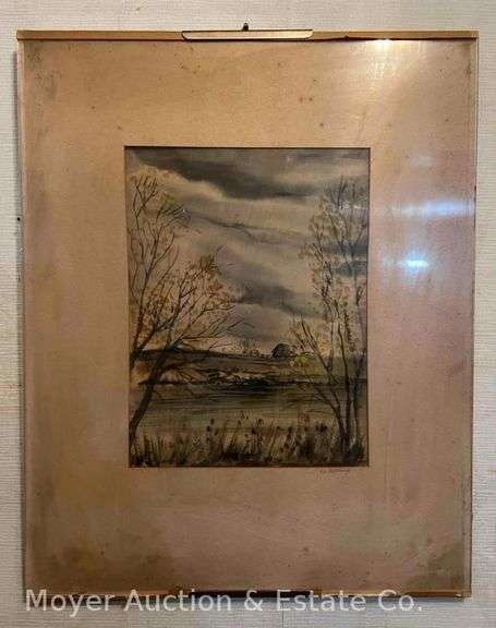 V.L. Cummings Watercolor Landscape Painting, Under Glass, 20" x 16" image