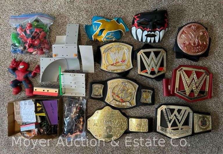 Group of Wrestling Belts, Marvel Superhero Toys, Finger Skateboards, Etc. image