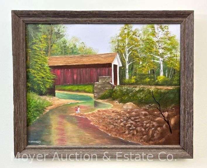 Oil on Canvas Covered Bridge Landscape, Signed R. Hakanson, Framed 18.5"x22.5" image