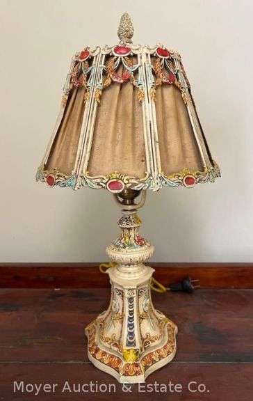 Polychrome Metal Dresser Lamp, Vintage, Fabric Inset Metal Shade, Good Cloth Cord, 19"h image