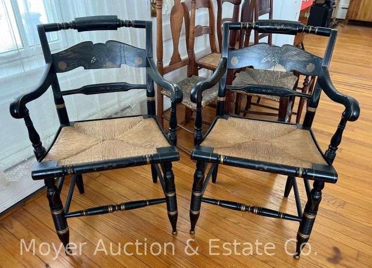 Pair of Ethan Allen Arm Chairs, Black with Stenciled Decoration, Both Good Condition image