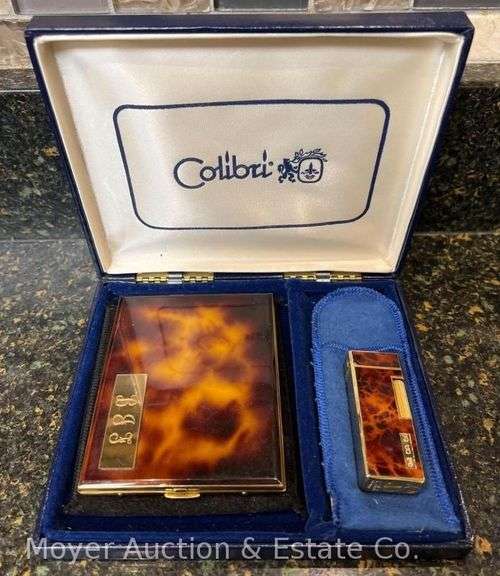 Colibri Cigarette Lighter & Cigarette Case, Tortoise Shell Motif, Monogramed, in Box image