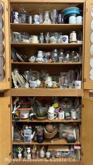 Contents of Cabinets, Bar Glasses, Dinnerware Set, Serving Dishes, Colored Glasses, Etc. image