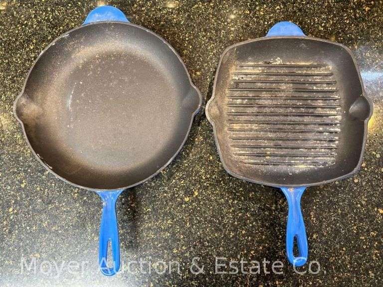 2 Blue Enamel Cast Iron Skillets, Unmarked, 10.5" and 12"w image