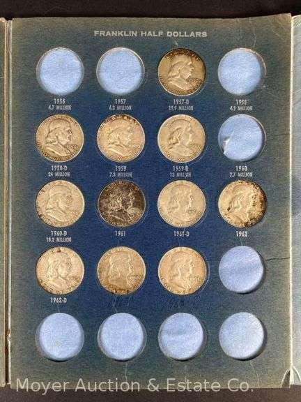 Benjamin Franklin Half Dollar Collector Book, Starting 1948, Partially Complete, 30 Total Coins