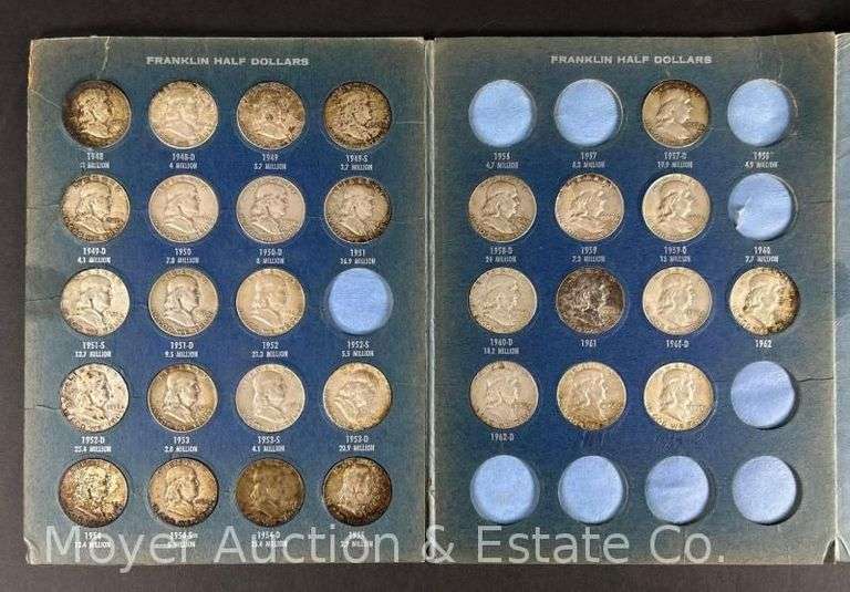 Benjamin Franklin Half Dollar Collector Book, Starting 1948, Partially Complete, 30 Total Coins