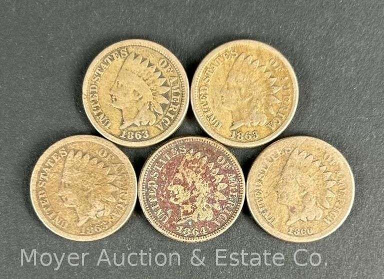 (5) Indian Head Cents, 1860, (3)1863 and 1864 image
