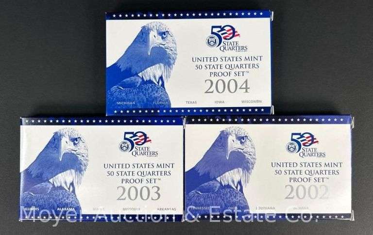 (3) United States Mint 50 State Quarters Proof Sets, 2002, 2003 and 2004, with Original Boxes image