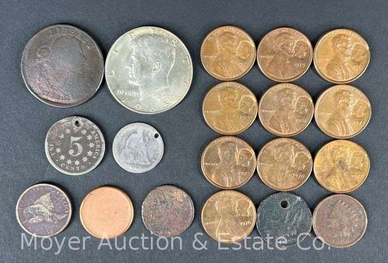 Group of Type Coins, Indian Head Cents, 1965 Kennedy Half, Draped Bust Large Cent, Etc. image