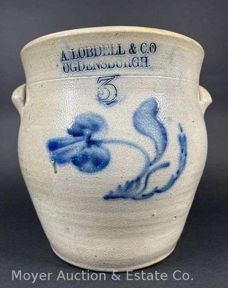 Three-Gallon A. Lobdell & Ogdensburgh Stoneware Crock, with Cobalt Floral Decoration image