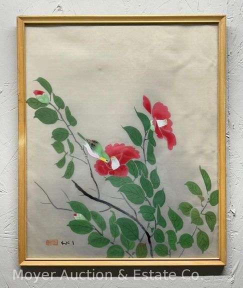 Hand Painted Asian Style Painting of Hummingbird, Believed to be on Silk, 18" x 15" Overall image