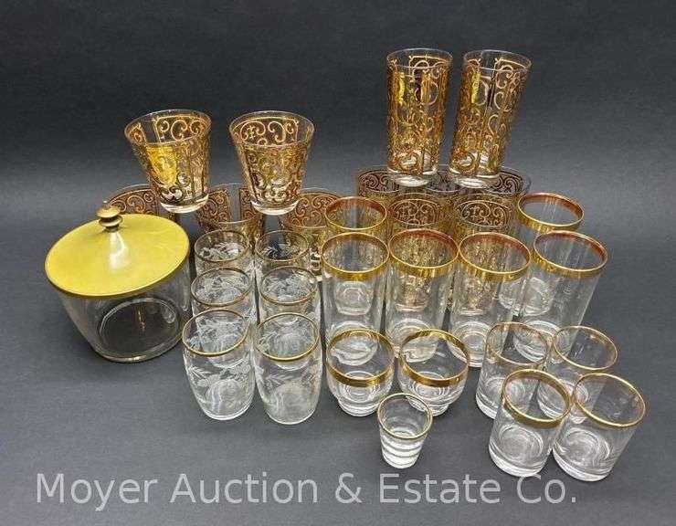 (30) Asst. Glasses with Gold-tone Details and Ice Bucket, 3"-5.5"h image