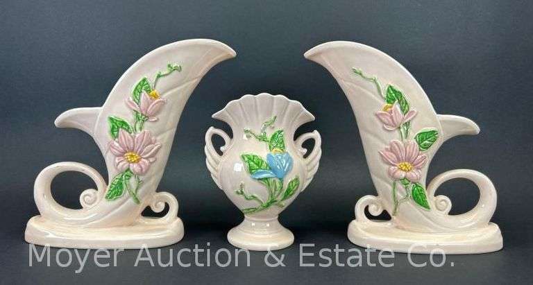 3 Hull Art Pottery Vases: Pair of Cornucopias and Other, 6.5" and 9"h image