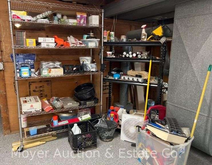 Contents of Basement Shelves, Household, Cleaning, Canning Jars, Tools, Etc.
