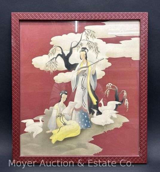 Mid Century Asian Style Airbrushed Painting, Framed, 19.5" x 17.5" Overall image