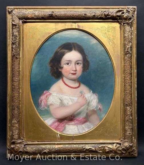 Painting on Canvas Portrait of Little Girl, Unsigned, Original Gold Frame, 29" x 25" image
