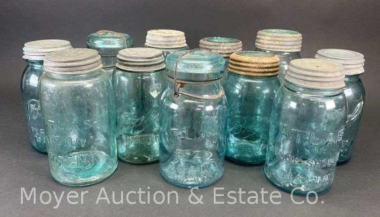 11 Blue Glass 1qt Canning Jars, Ball, Mason, Etc. image