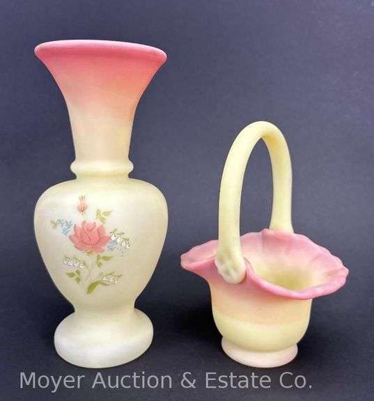 Fenton Burmese Glass Vase and Basket, Artist Signed, 5"-6"h image