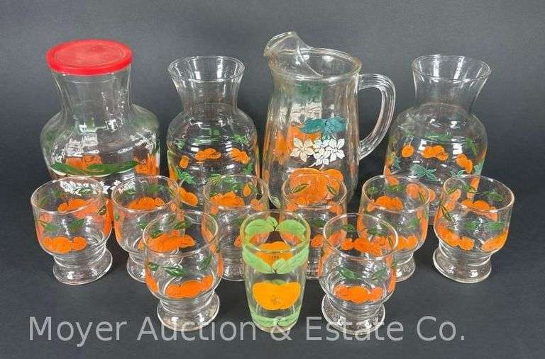 Group of Asst. Orange Juice Pitchers, Carafe, and Glasses, 3.5"-8"h image