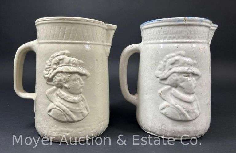 (2) Stoneware Pitchers, with Designs of Women, Both Cracked, 8.25"h image