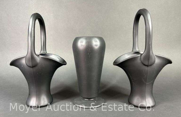 Tiffin Black Satin Glass Vase and 2 Baskets, 8"-11"h image