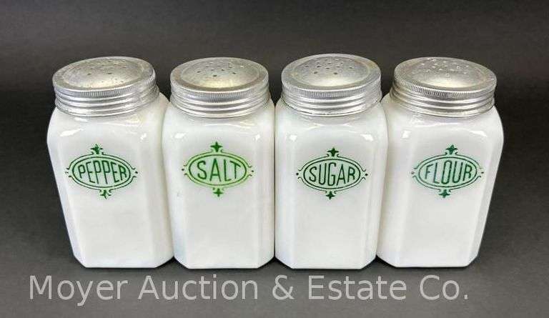 (4) Hazel Atlas Kitchen Shakers: Salt, Pepper, Flour, and Sugar, 4.5"h image