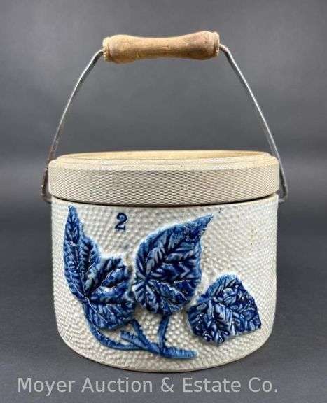 Stoneware Butter Crock, with Cobalt Leaf Design and Number "2", with Non-Fitting Lid, 4.5"h x 7"w image