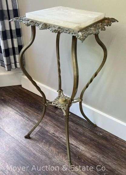 Antique Metal Plant Stand, with Marble Top, 31"h x 13" Square Top image