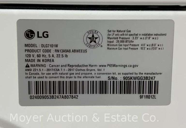 LG Front Load Gas Dryer, Model DLG7101W