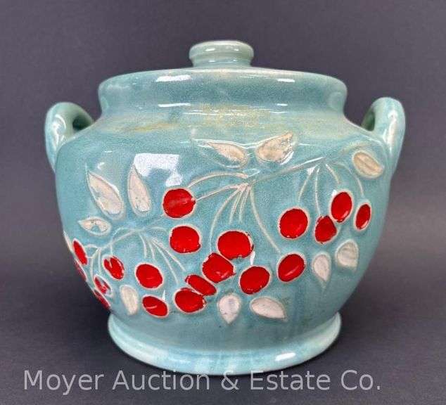 Vintage Pottery Cookie Jar, Cherry Design, 7.5"h image